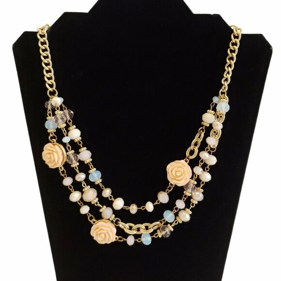 NEW YORK & COMPANY 3 tier strand beaded chain link floral statement necklace NEW - Picture 1 of 4